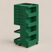 A dark green modular rolling storage cart with multiple tiers, open shelves, and side drawers, shown on a plain beige background.