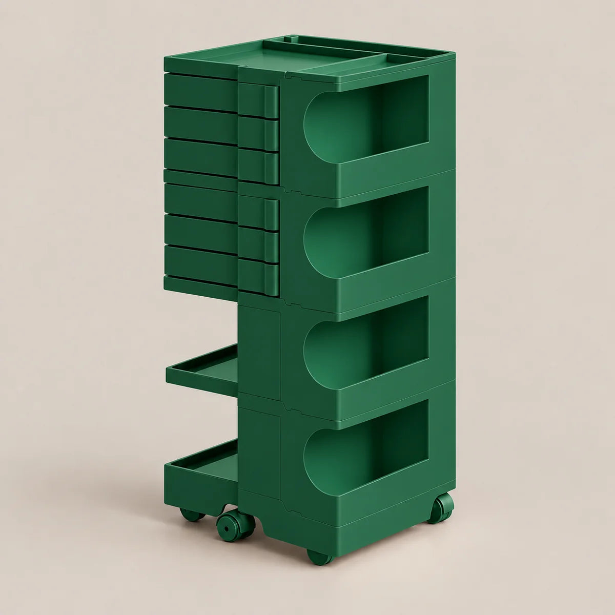 A dark green modular rolling storage cart with multiple tiers, open shelves, and side drawers, shown on a plain beige background.