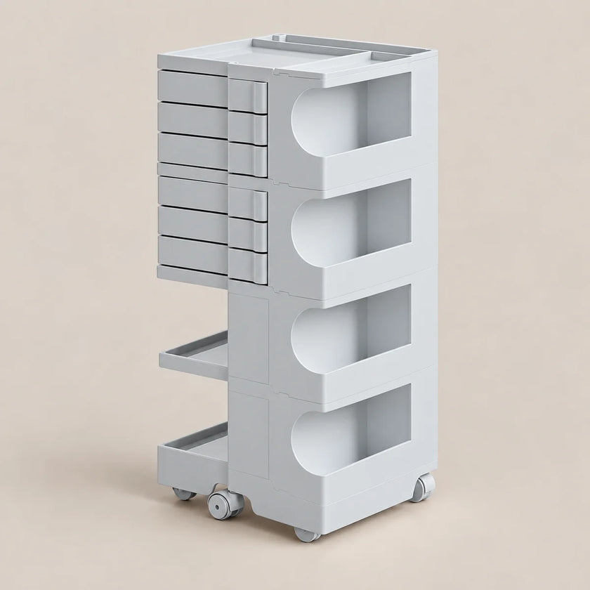 A light gray plastic rolling storage cart with multiple drawers and open shelves, shown on a plain beige background.