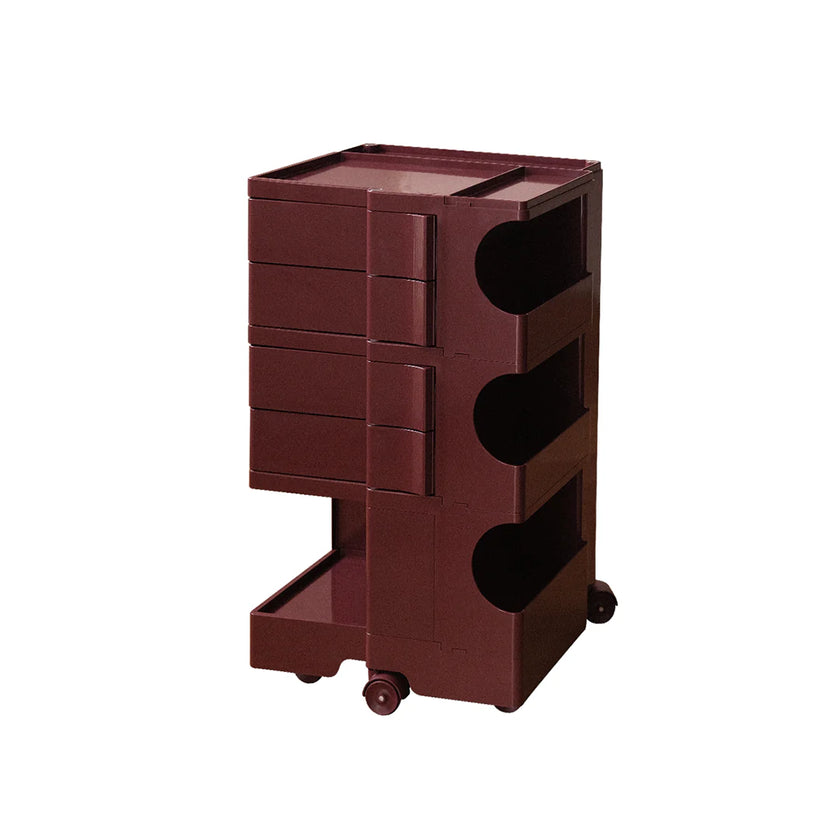 Brown storage cart with multiple drawers and wheels on a white background