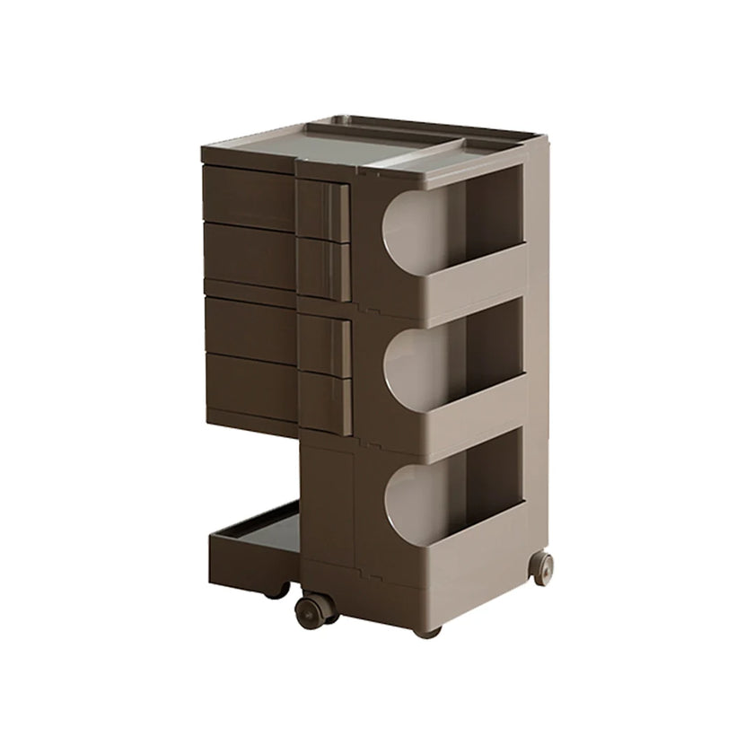Storage cart with multiple drawers on wheels against a white background