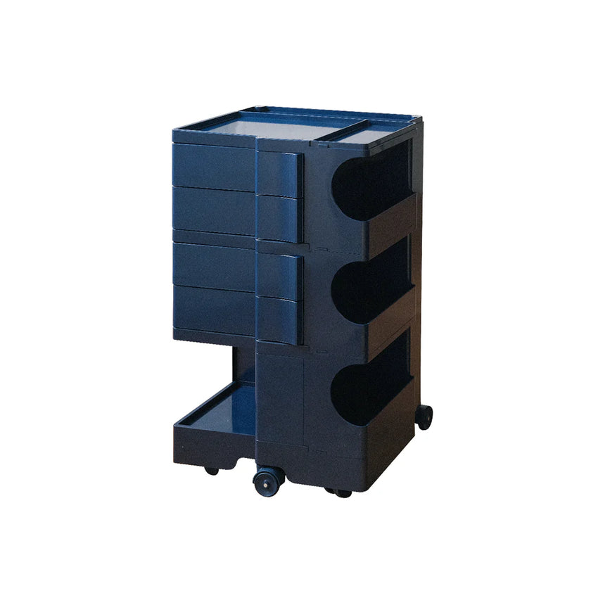 Blue storage cart with multiple drawers and wheels on a white background