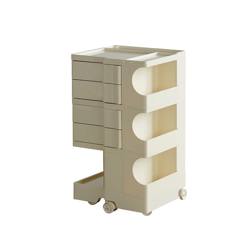 Beige storage cart with wheels on a white background