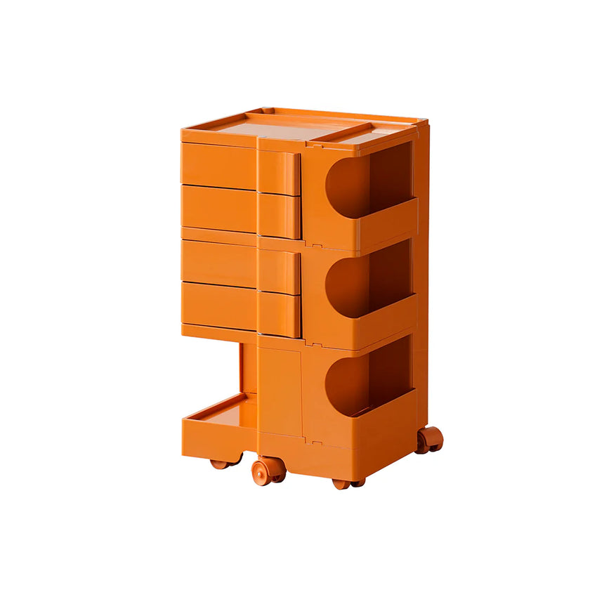 Orange storage cart with multiple drawers and shelves on a white background