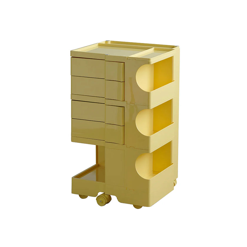 Yellow storage unit with drawers and shelves on wheels against a white background
