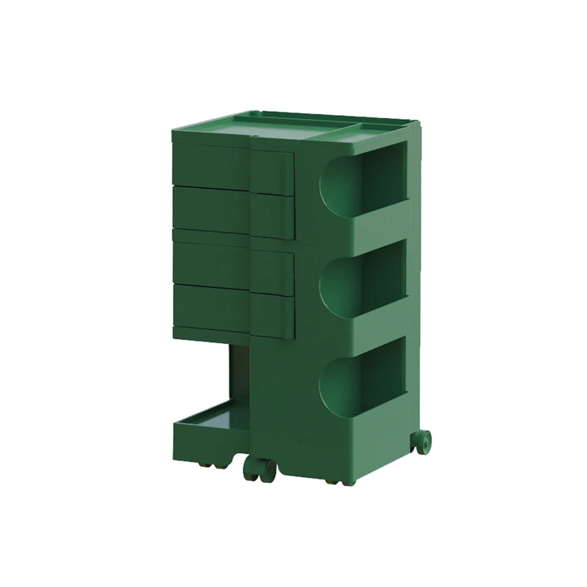 Green storage unit with multiple compartments on a white background