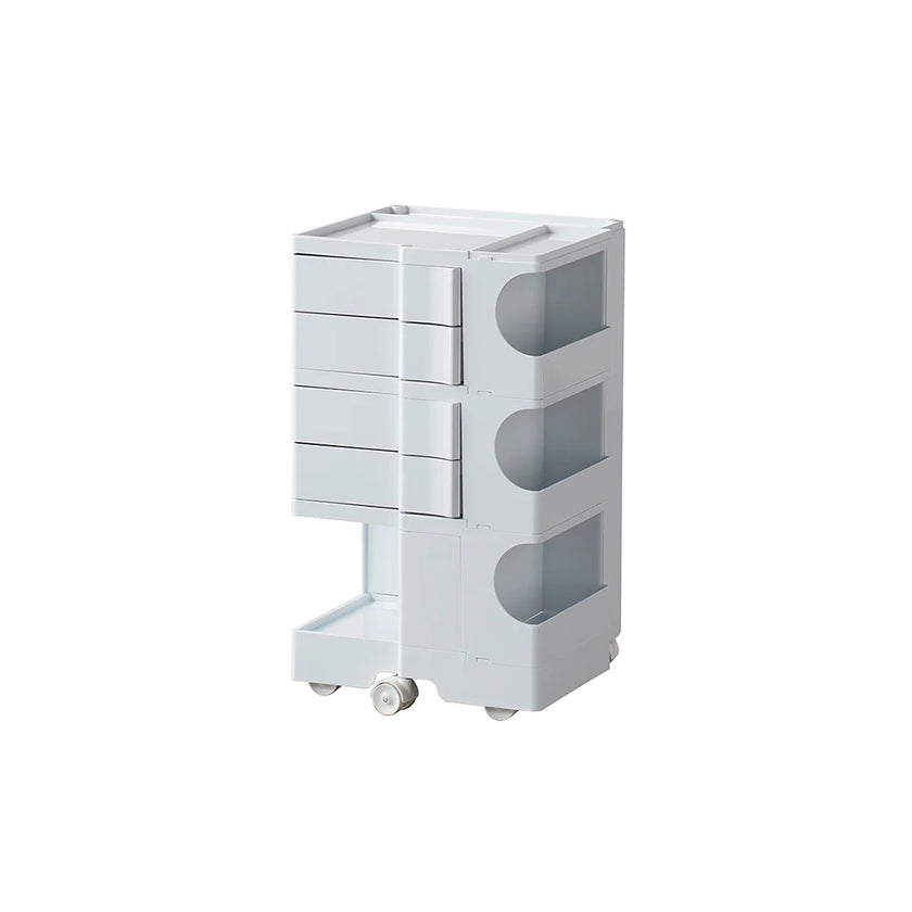 White storage cart with drawers and wheels on a white background