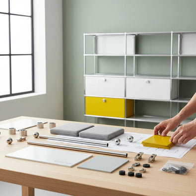 Workstation with tools and materials on a desk in a modern office setting
