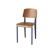 Chair with wooden seat and backrest and blue legs on a white background