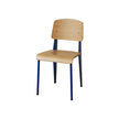 Chair with wooden seat and backrest and blue metal legs on a white background
