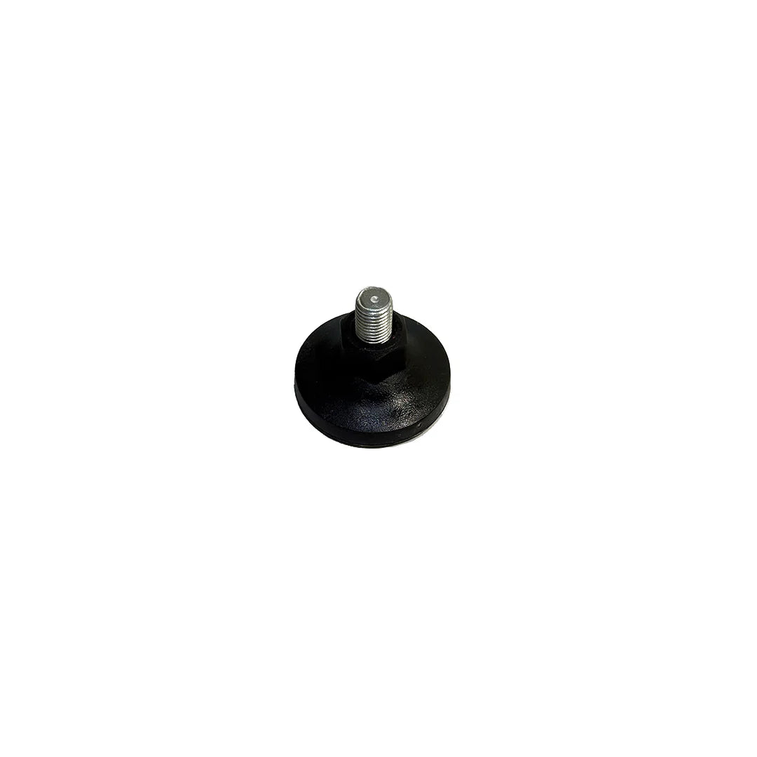 Black rubber pad with a metal screw on a white background