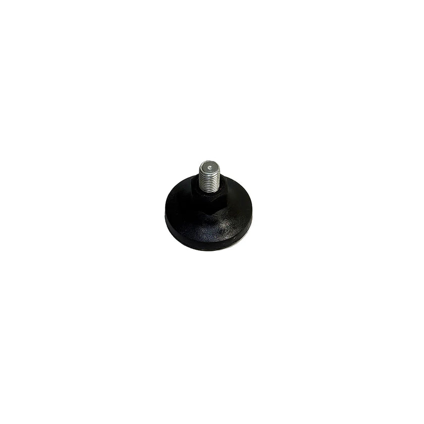 Black rubber pad with a metal screw on a white background