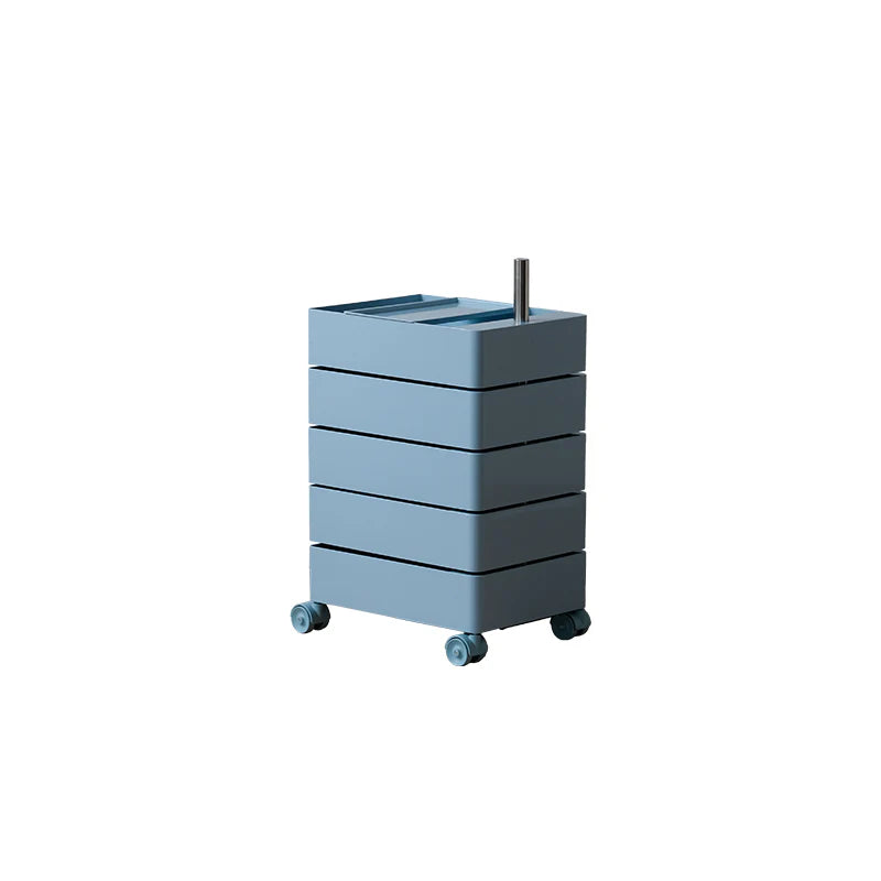 Blue vanity unit with sink on wheels against a white background