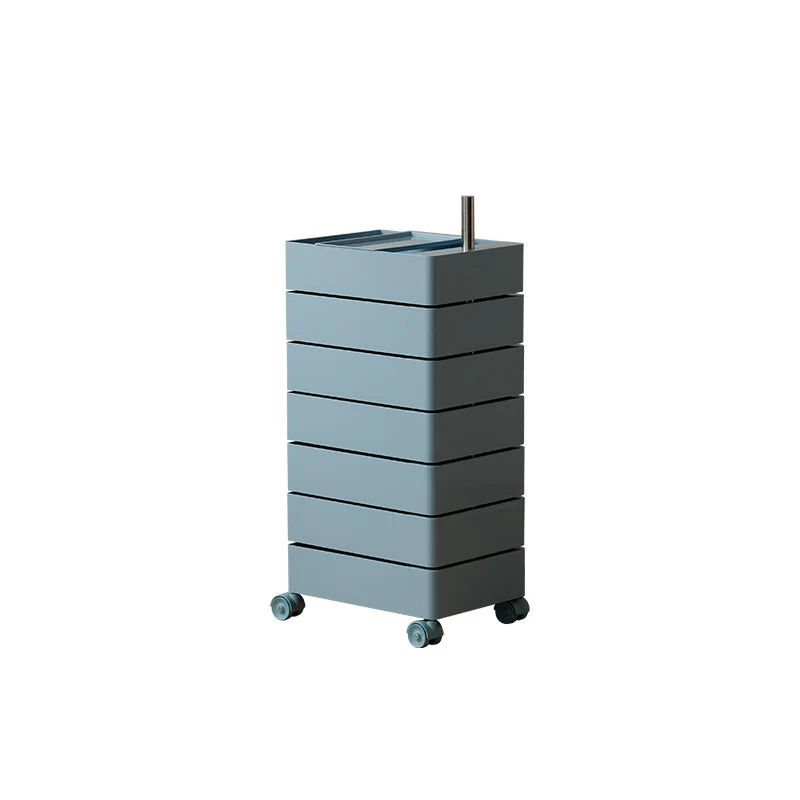 Gray cylindrical storage unit with wheels on a white background