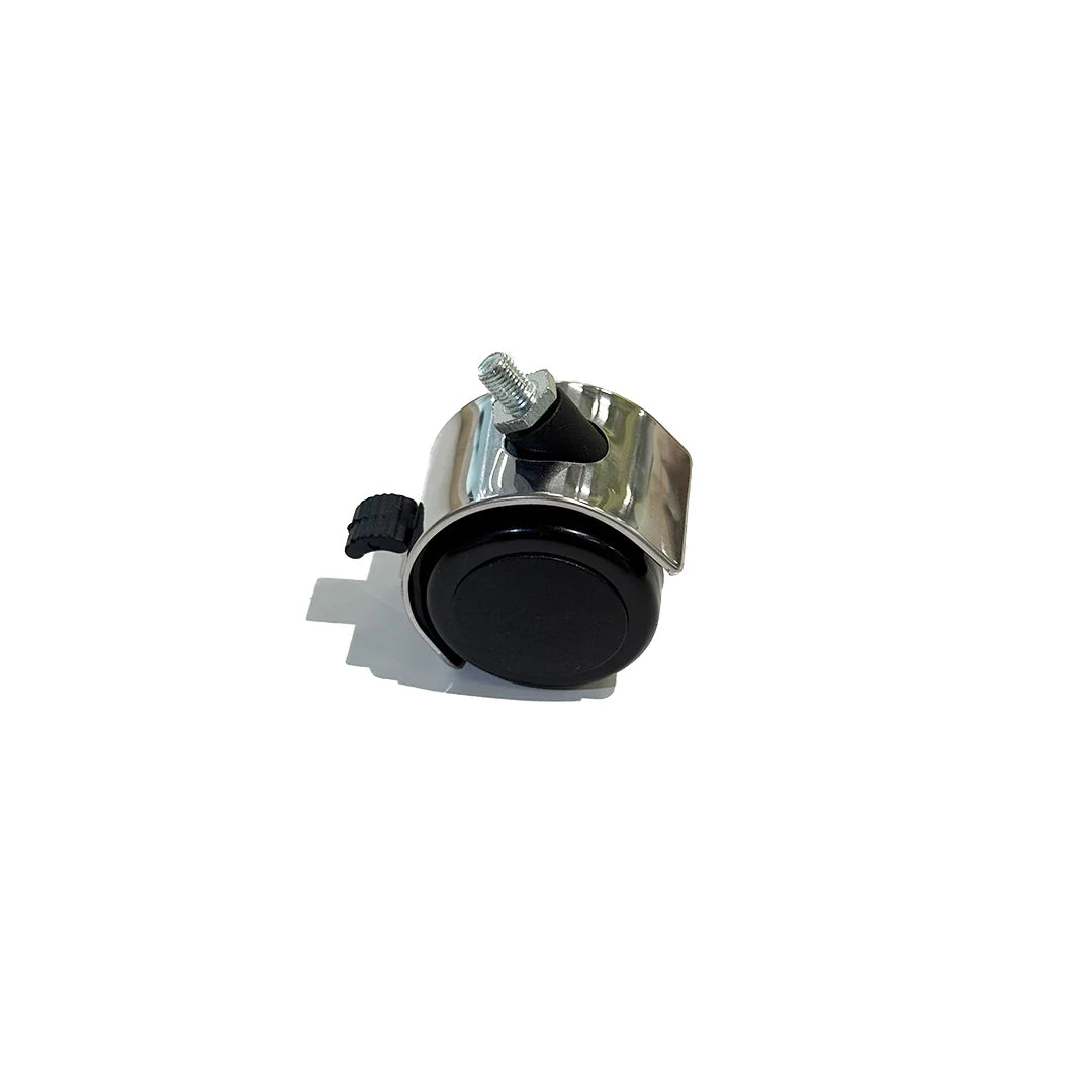 Metallic cylindrical object with black component on a white background