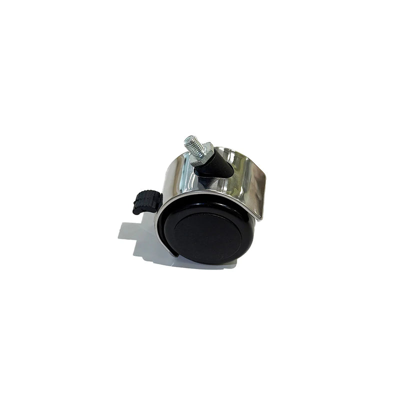Metallic cylindrical object with black component on a white background