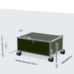 Green modular storage box with wheels and dimensions labeled on a white background