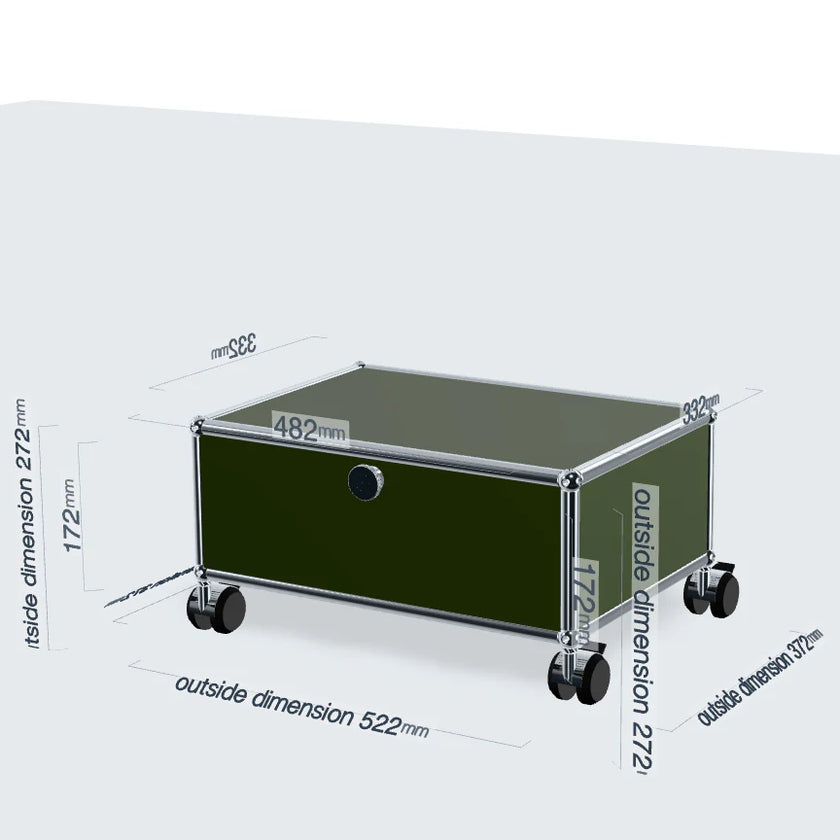 Green modular storage box with wheels and dimensions labeled on a white background