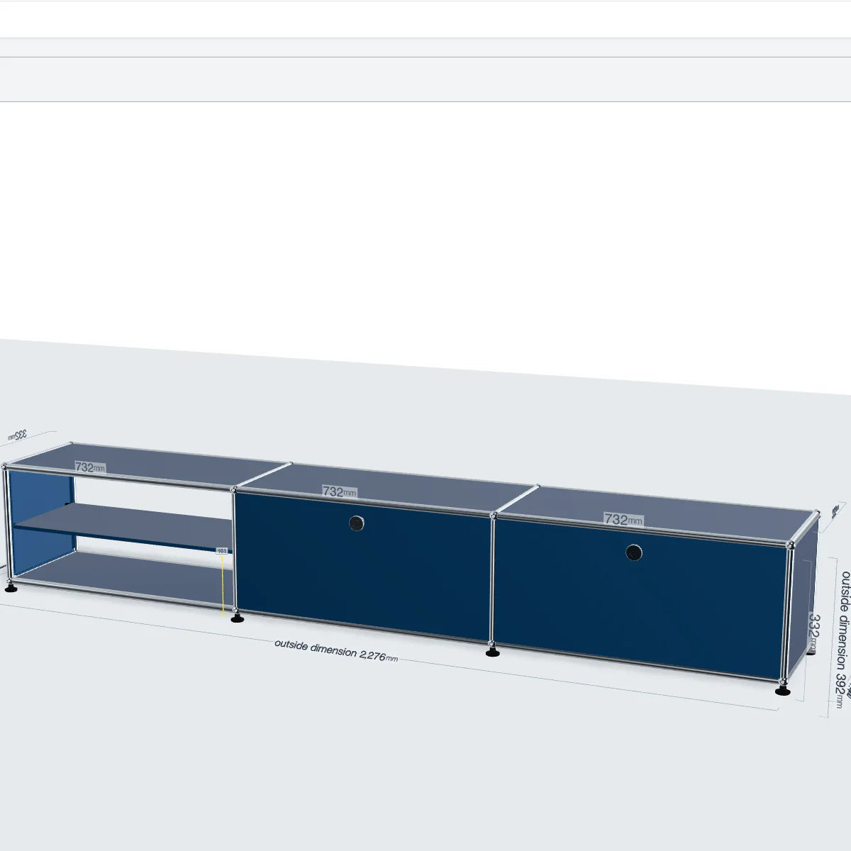 Blue modular TV stand with dimensions on a white background
