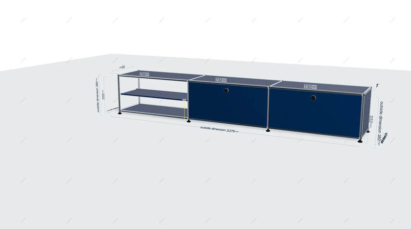 Blue storage unit with shelves on a white background