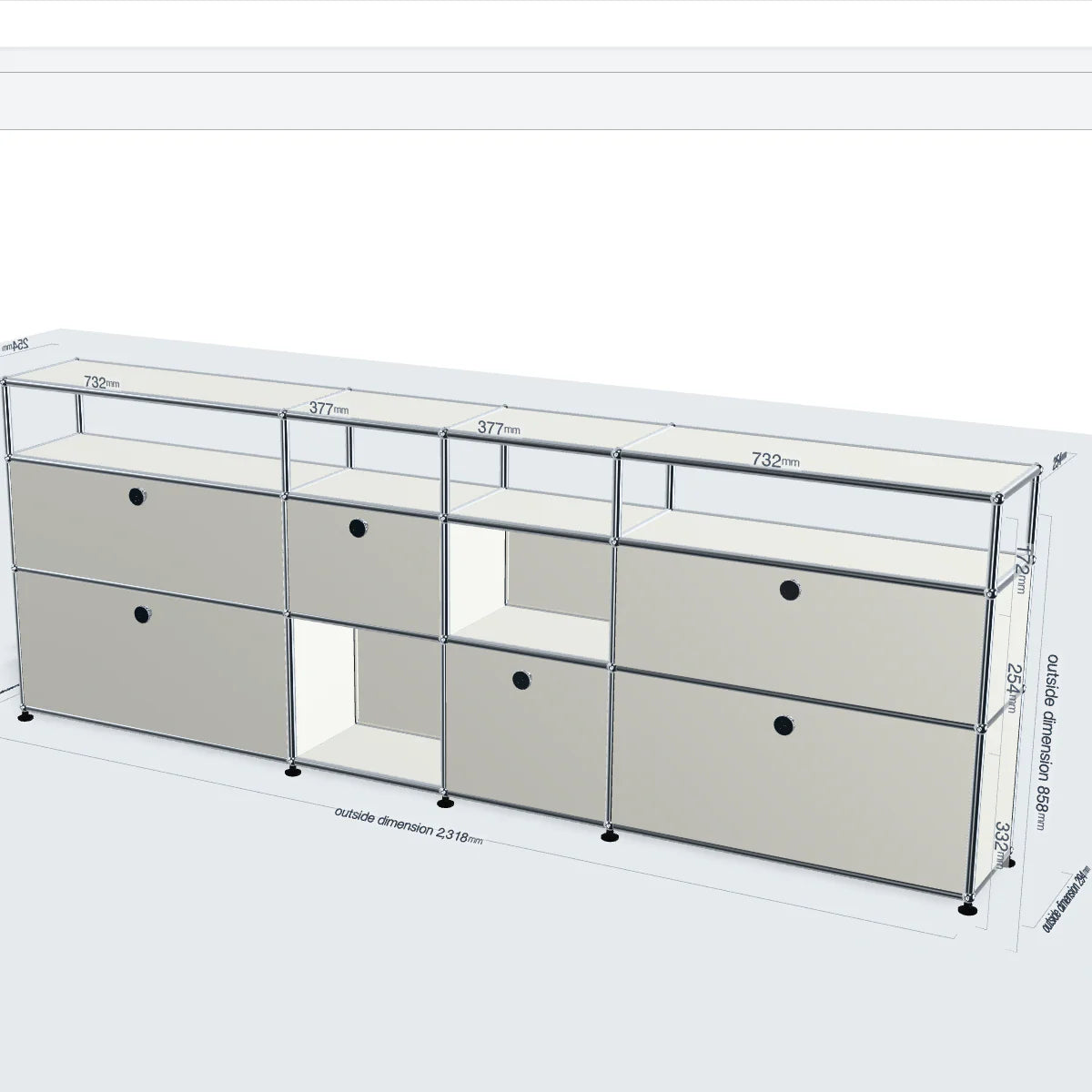 Furniture set with white panels and silver circular door lock on a white background