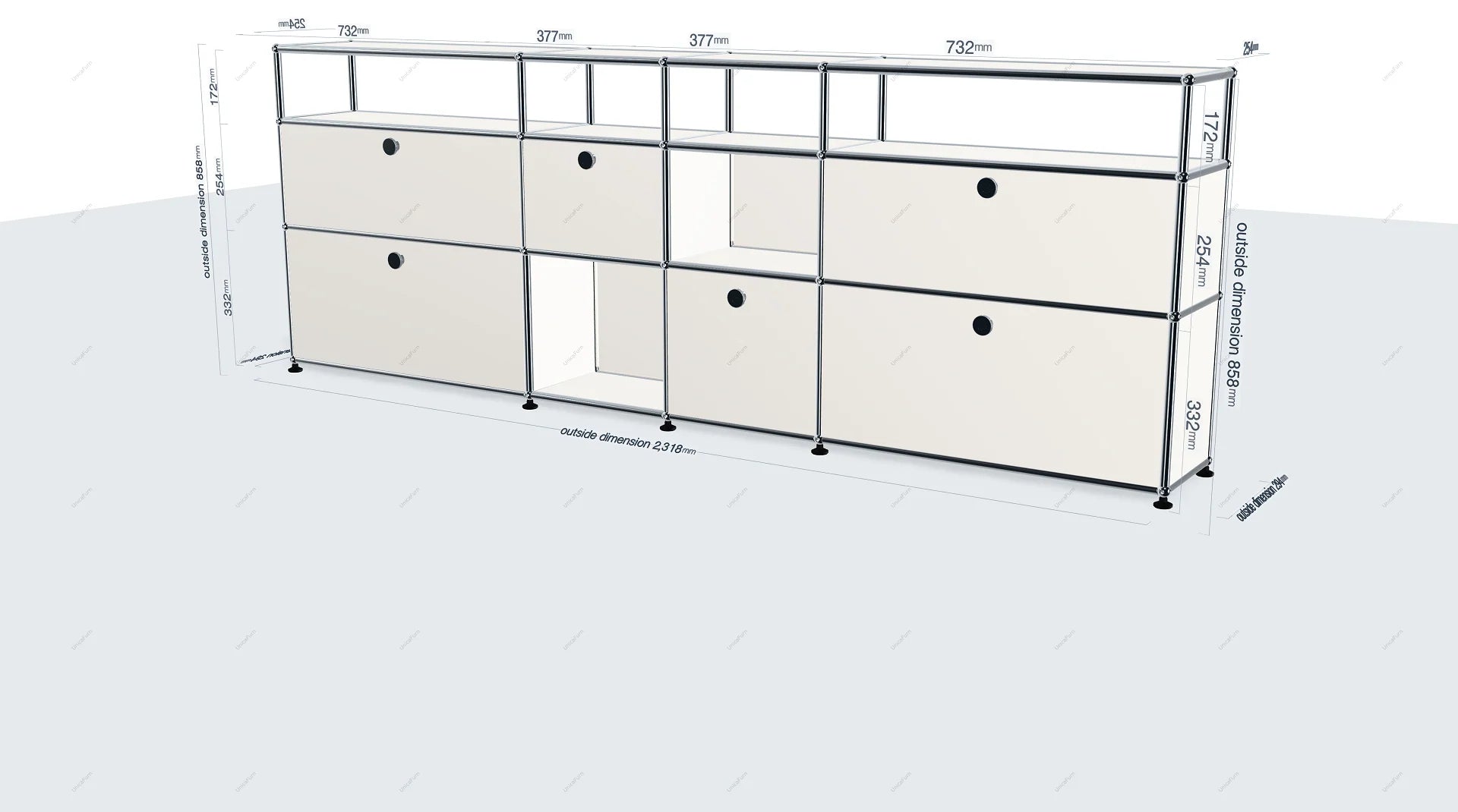 Filing cabinet with dimensions labeled on a white background