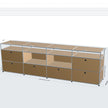 Modular storage unit with beige shelves and drawers on a white background