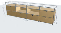3D model of a storage unit with drawers and a glass top on a white background