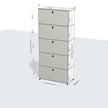 White modular storage cabinet with four drawers and dimensions on a white background