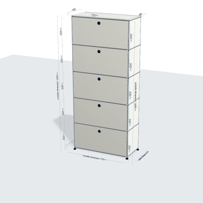 White modular storage cabinet with four drawers and dimensions on a white background