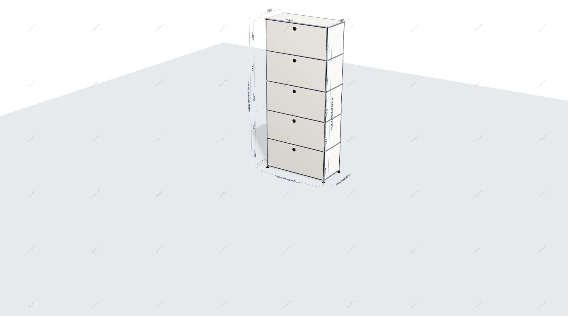 White shelving unit with drawers on a white background