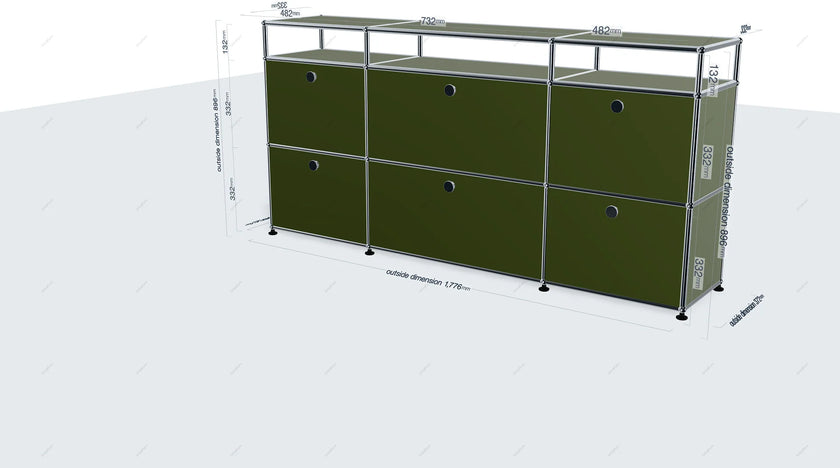 Green storage unit with drawers on a white background
