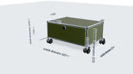 Green storage container with dimensions labeled on a white background