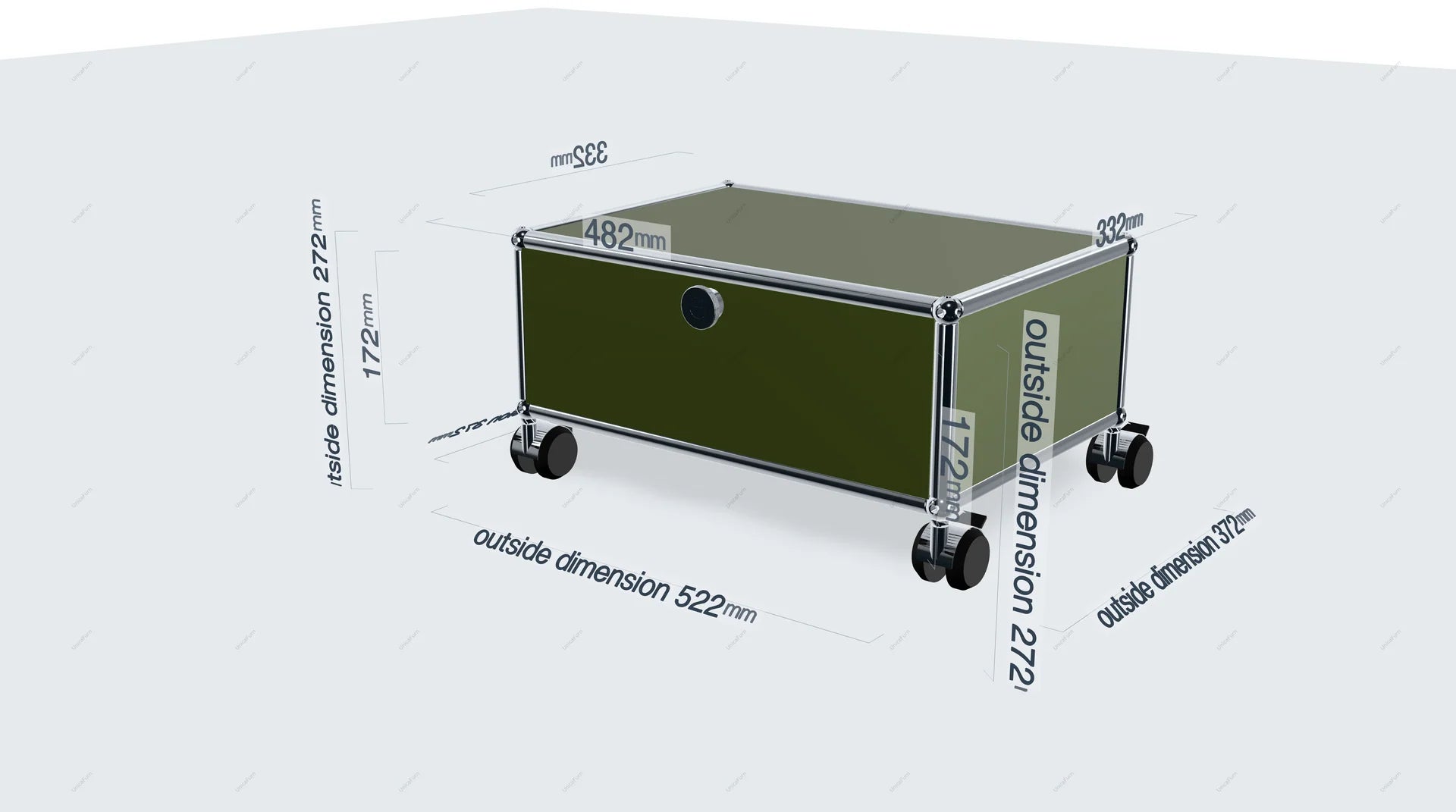 Green storage container with dimensions labeled on a white background