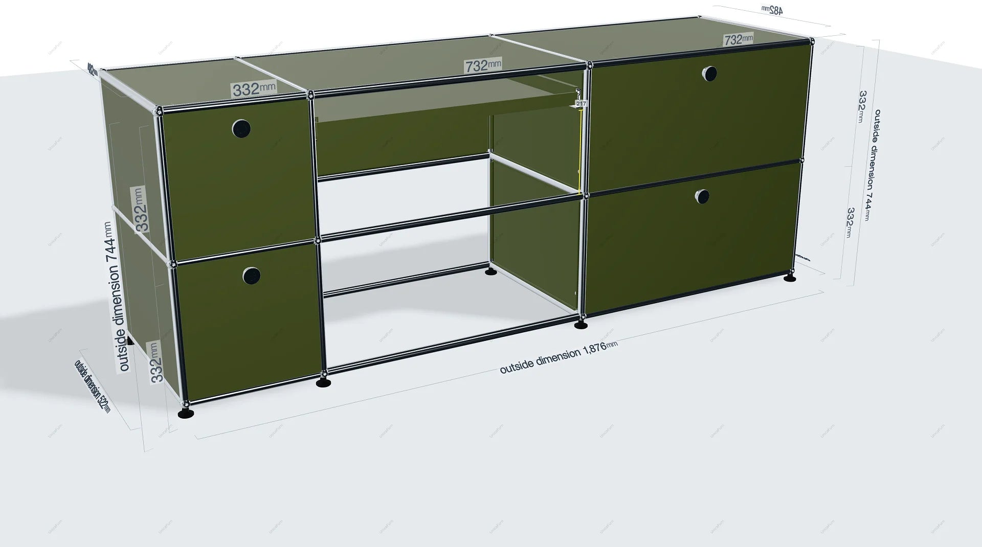 Green modular storage system with dimensions on a white background