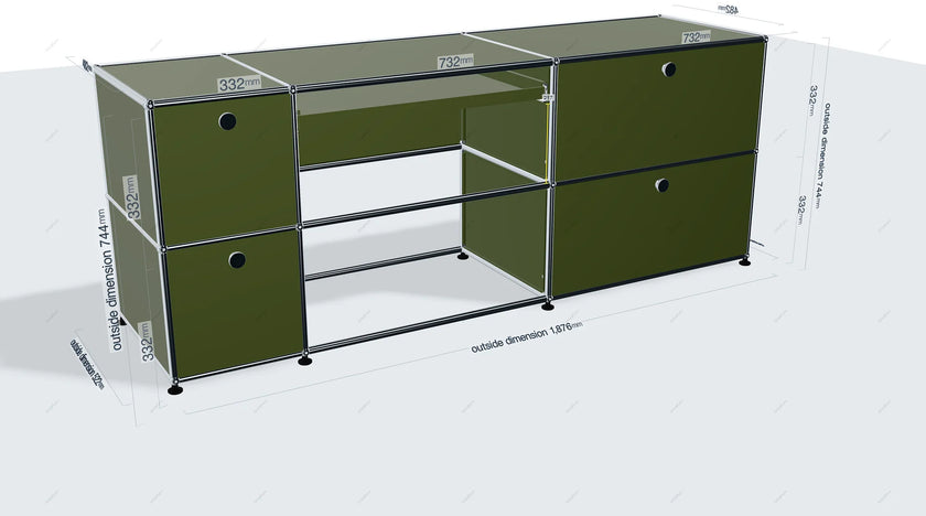 Green modular storage system with dimensions on a white background