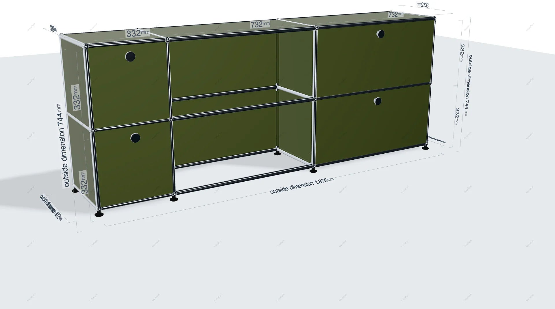 Green storage unit with dimensions on a white background