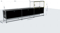 3D model of a long black rectangular object with measurement details on a white background
