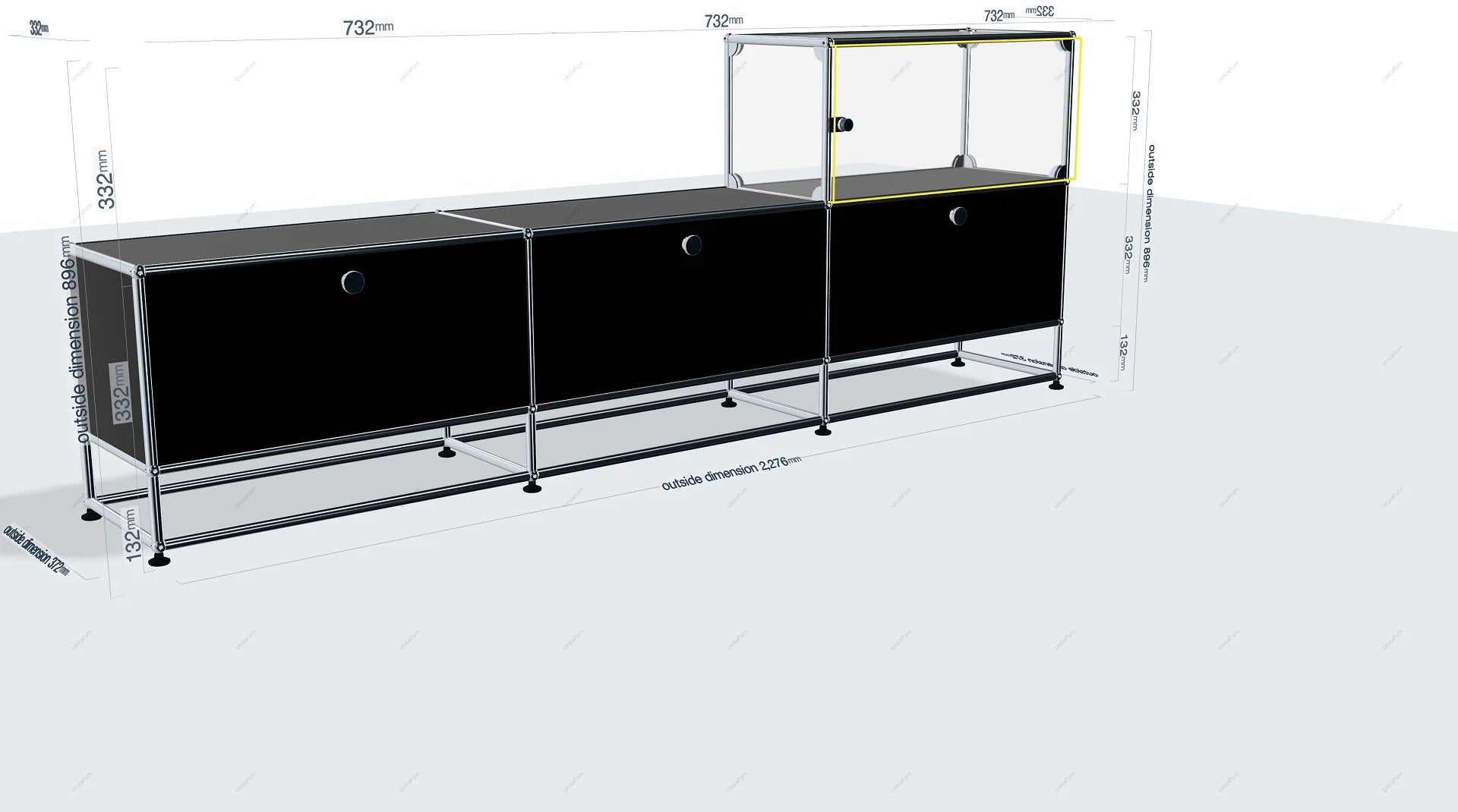 3D model of a long black rectangular object with measurement details on a white background