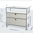 Measurement chart of a modular metal shelving unit with dimensions labeled.