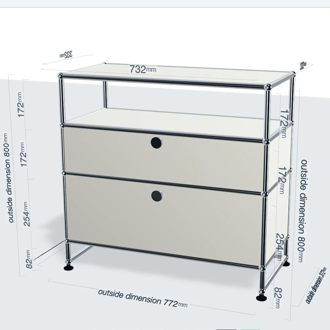 Measurement chart of a modular metal shelving unit with dimensions labeled.