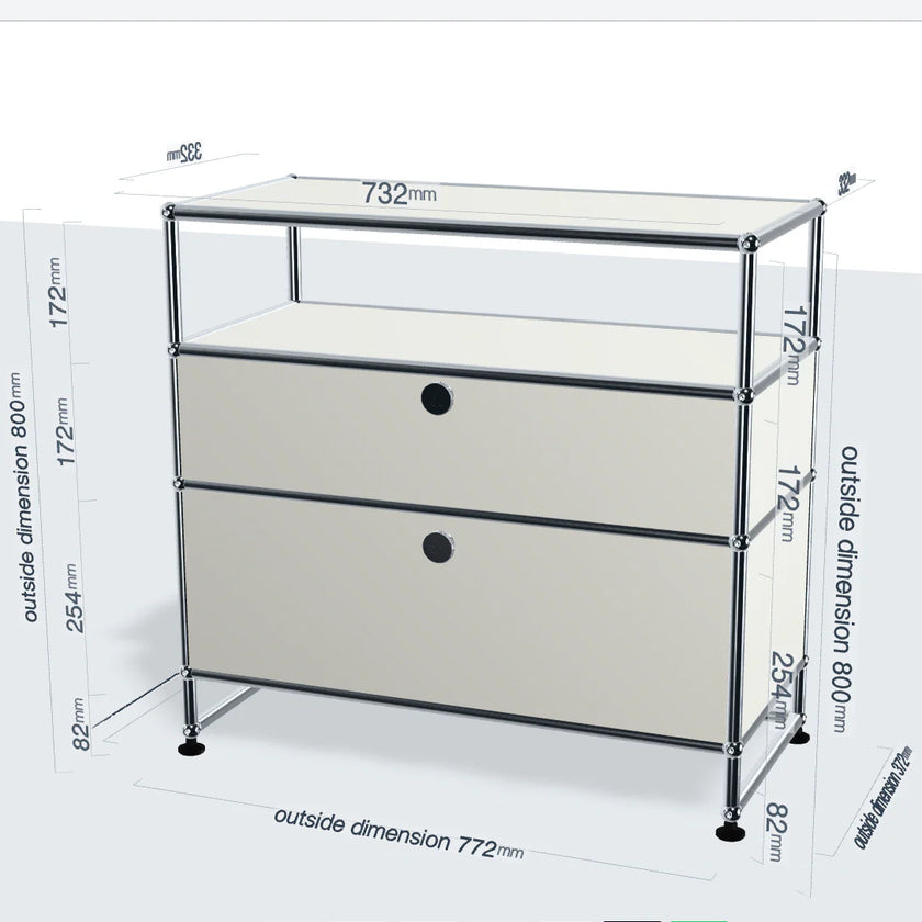 Measurement chart of a modular metal shelving unit with dimensions labeled.