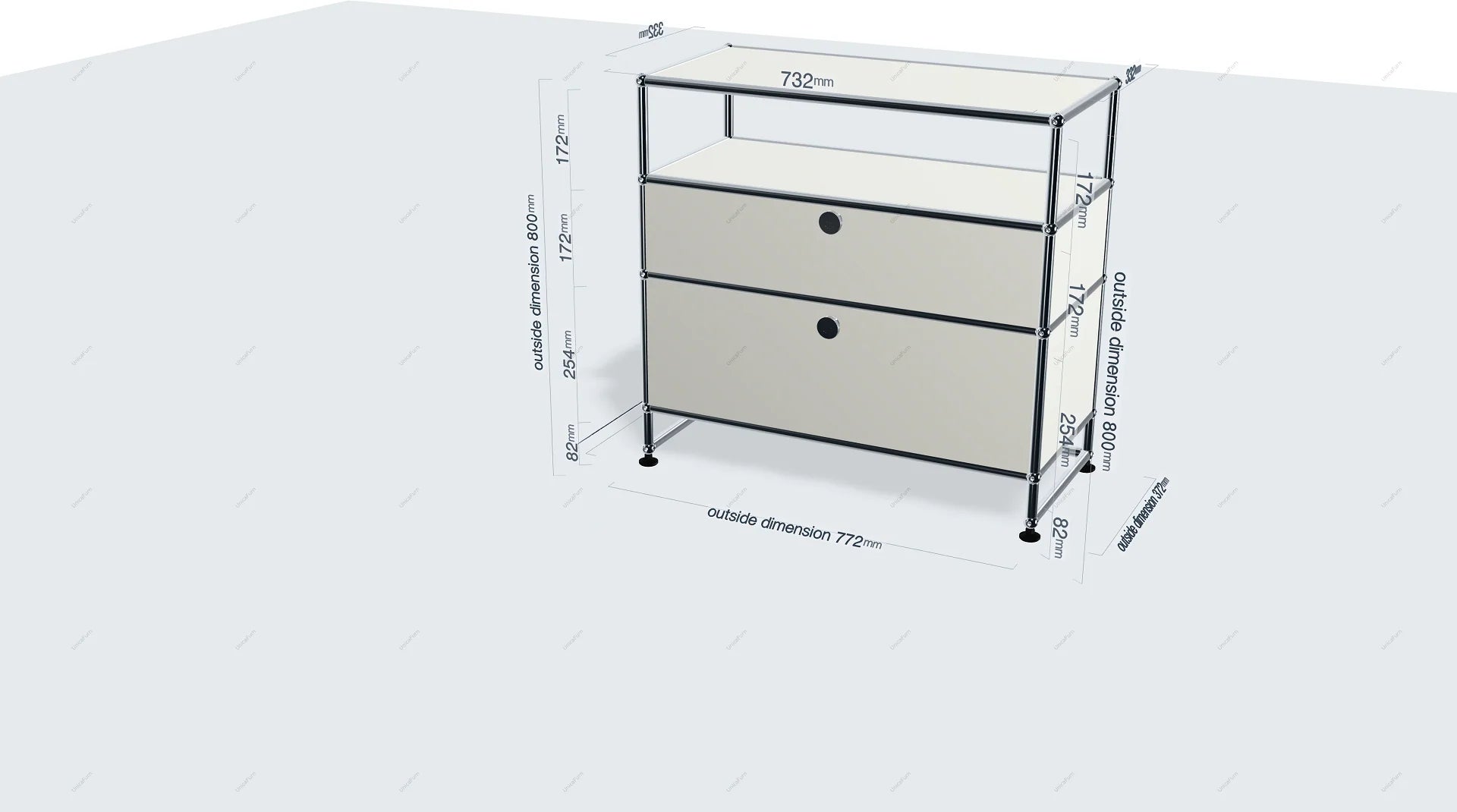Beige dresser with black knobs on a white background with dimensions displayed.