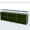 Green modular storage unit with shelves and drawers on a white background