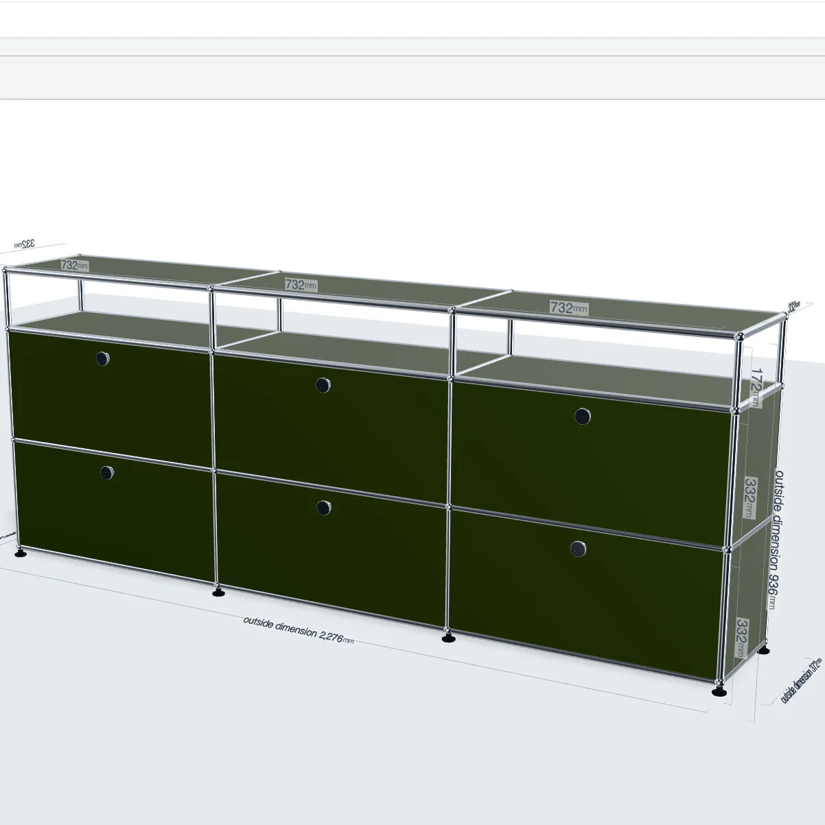 Green modular storage unit with shelves and drawers on a white background