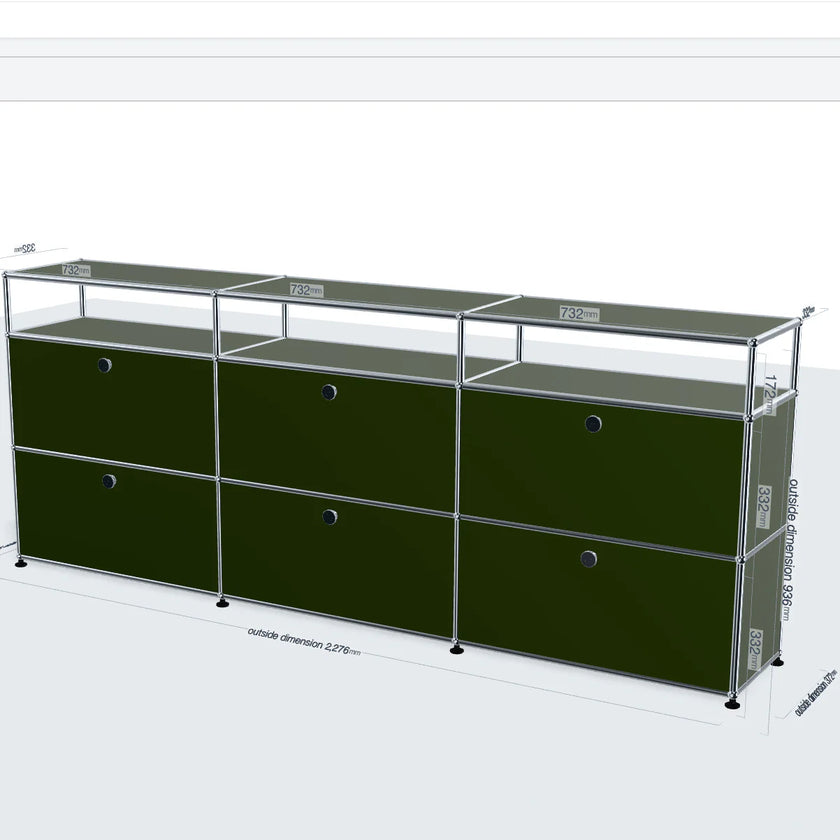 Green modular storage unit with shelves and drawers on a white background