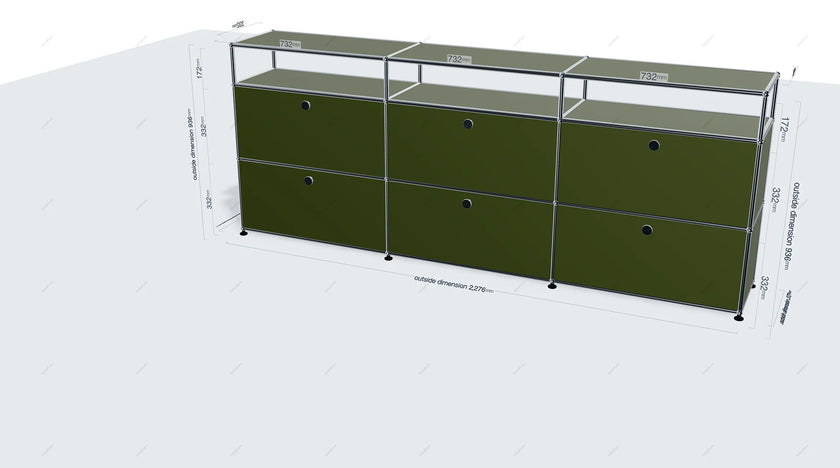 Green storage unit with drawers on a white background