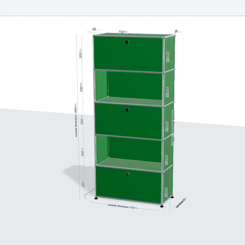 Green modular shelving unit with dimensions on a white background
