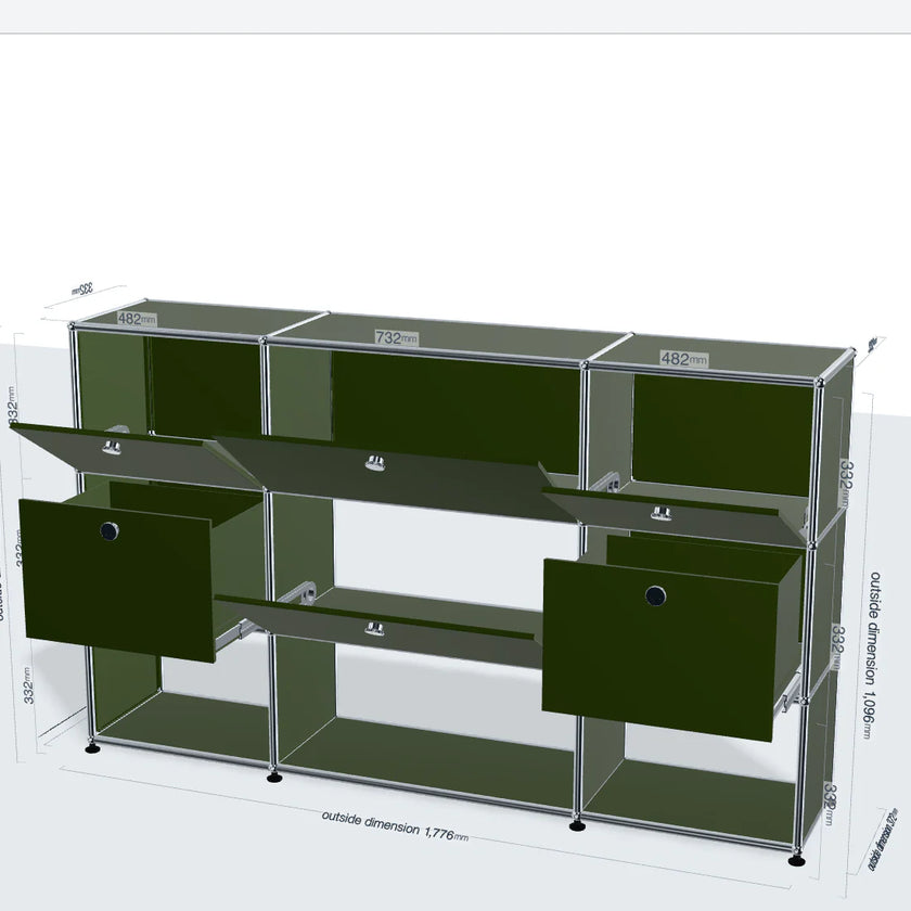 Olive green modular storage unit with dimensions on a white background