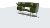 Green modular building on a white background